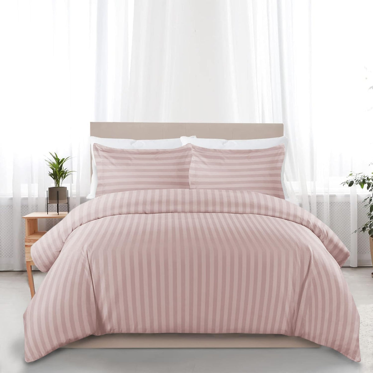 MOONLIGHT Double Duvet Set Reversible Stripes Satin Double Bedding Set with 2 Pillowcases Soft Hypoallergenic Duvet Cover