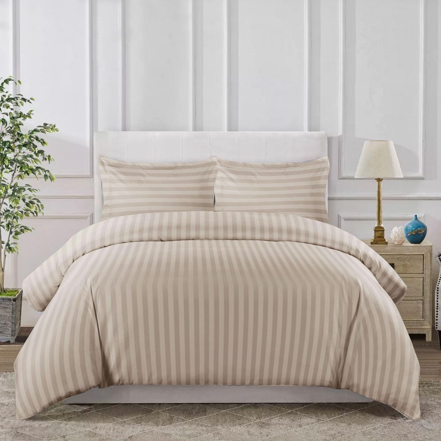 MOONLIGHT Double Duvet Set Reversible Stripes Satin Double Bedding Set with 2 Pillowcases Soft Hypoallergenic Duvet Cover