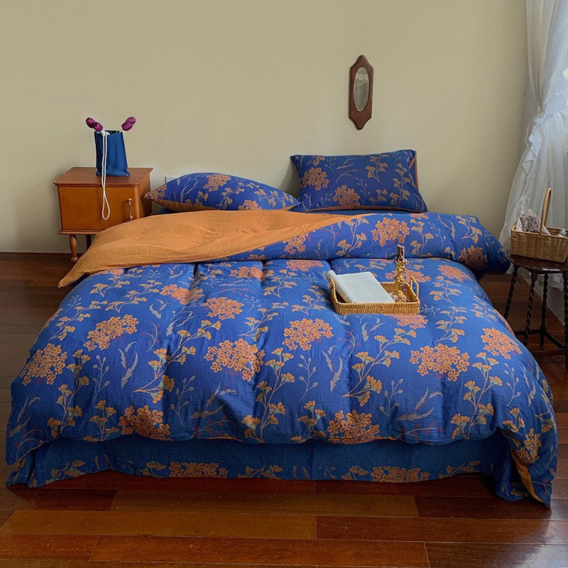 Royal Blue Jacquard Cotton Gauze Bedding Set(4 PCS)