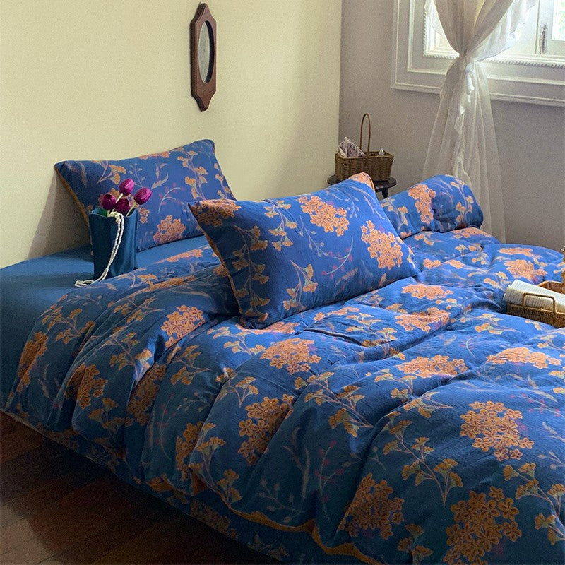 Royal Blue Jacquard Cotton Gauze Bedding Set(4 PCS)