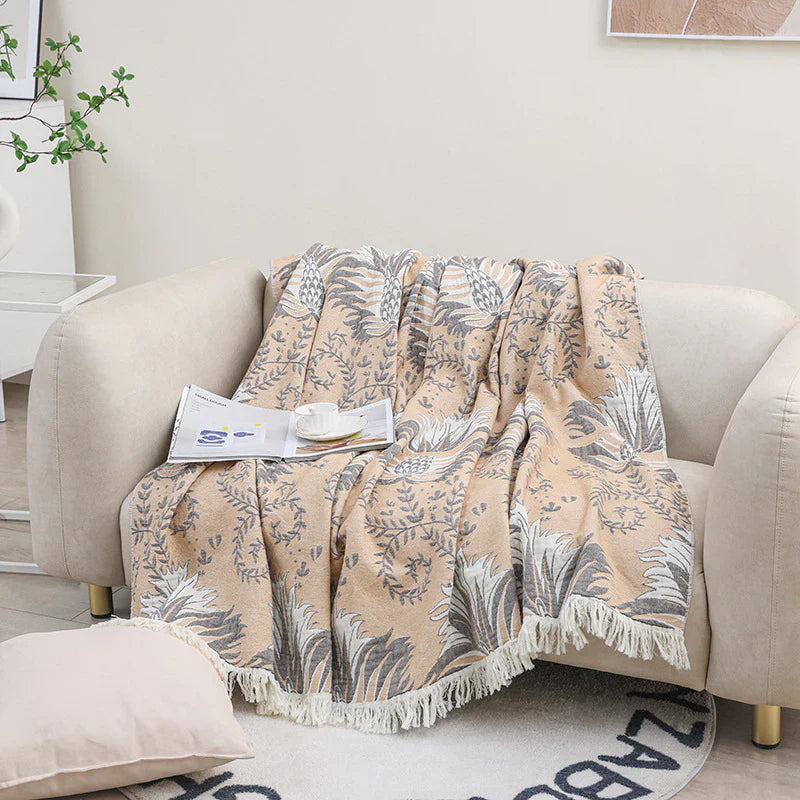 Cotton Throw Blanket - Beige Tassel Design