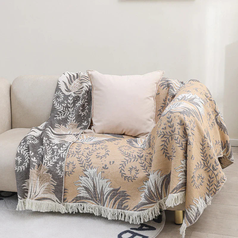 Cotton Throw Blanket - Beige Tassel Design